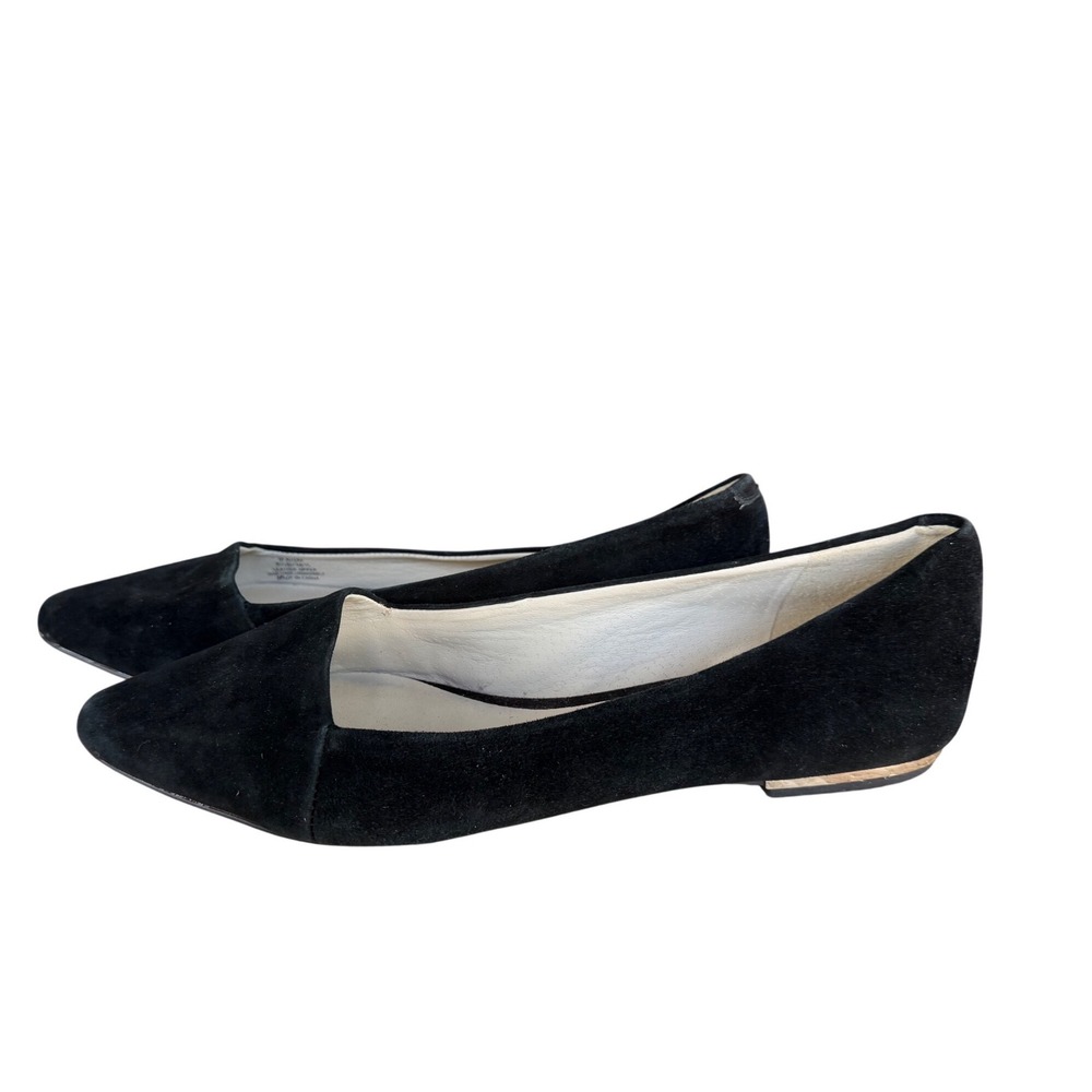 Vince Camuto Allera Black Suede Pointed Toe Flats Gold Heel Accent 8.5B